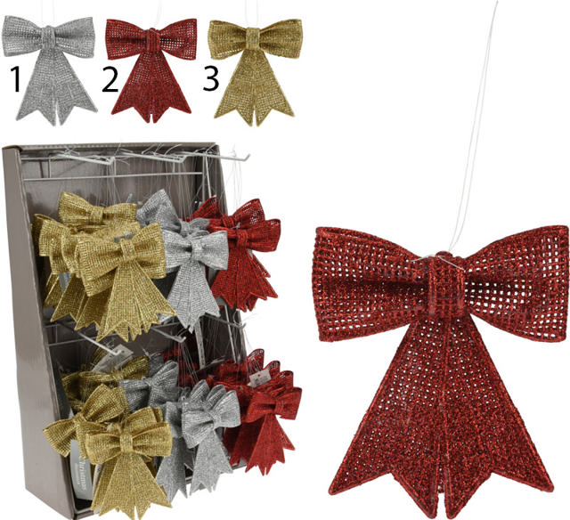 HANGDECO BOW GLITTER IN 3 COLORS RED OR WHITE OR GOLD