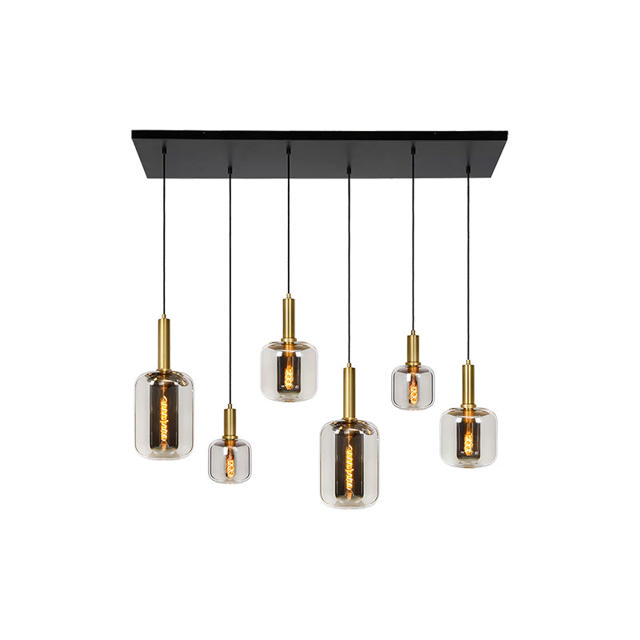 SUNLIGHT 6xE27 (MAX.6x25W) PENDANT LIGHT GLASS SMOKEY BLACK+BRASS IP20 L1300xW300xH3000MM