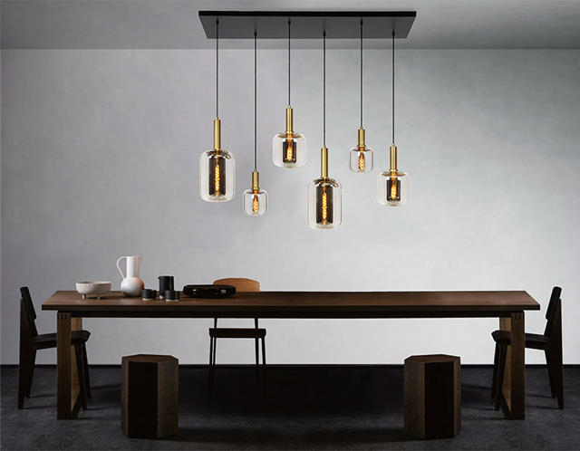 SUNLIGHT 6xE27 (MAX.6x25W) PENDANT LIGHT GLASS SMOKEY BLACK+BRASS IP20 L1300xW300xH3000MM