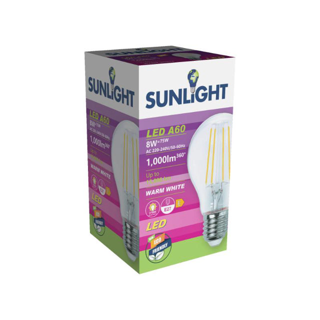 SUNLIGHT 'FILAMENT' LED 8W A60 LAMP E27 1000LM 2700K CLEAR